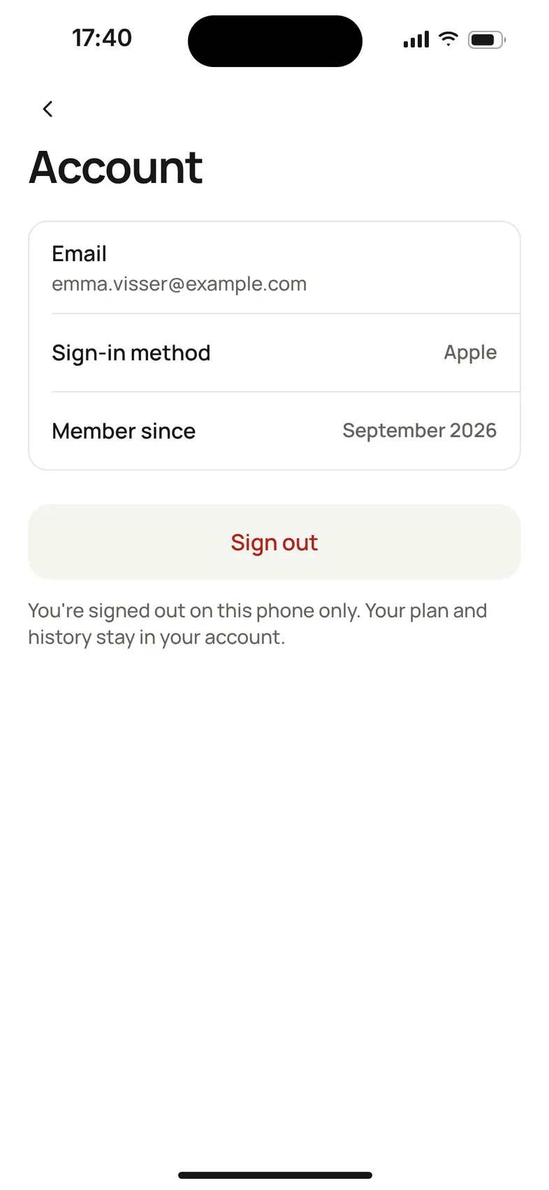 The Account screen with email, sign-in method, member since and the Sign out button.