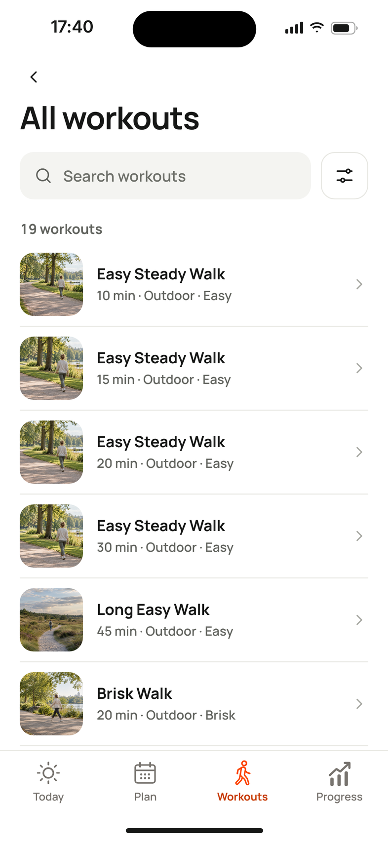 All workouts in Mova: a searchable list of walks such as Easy Steady Walk, Long Easy Walk and Brisk Walk with their length, place and effort.