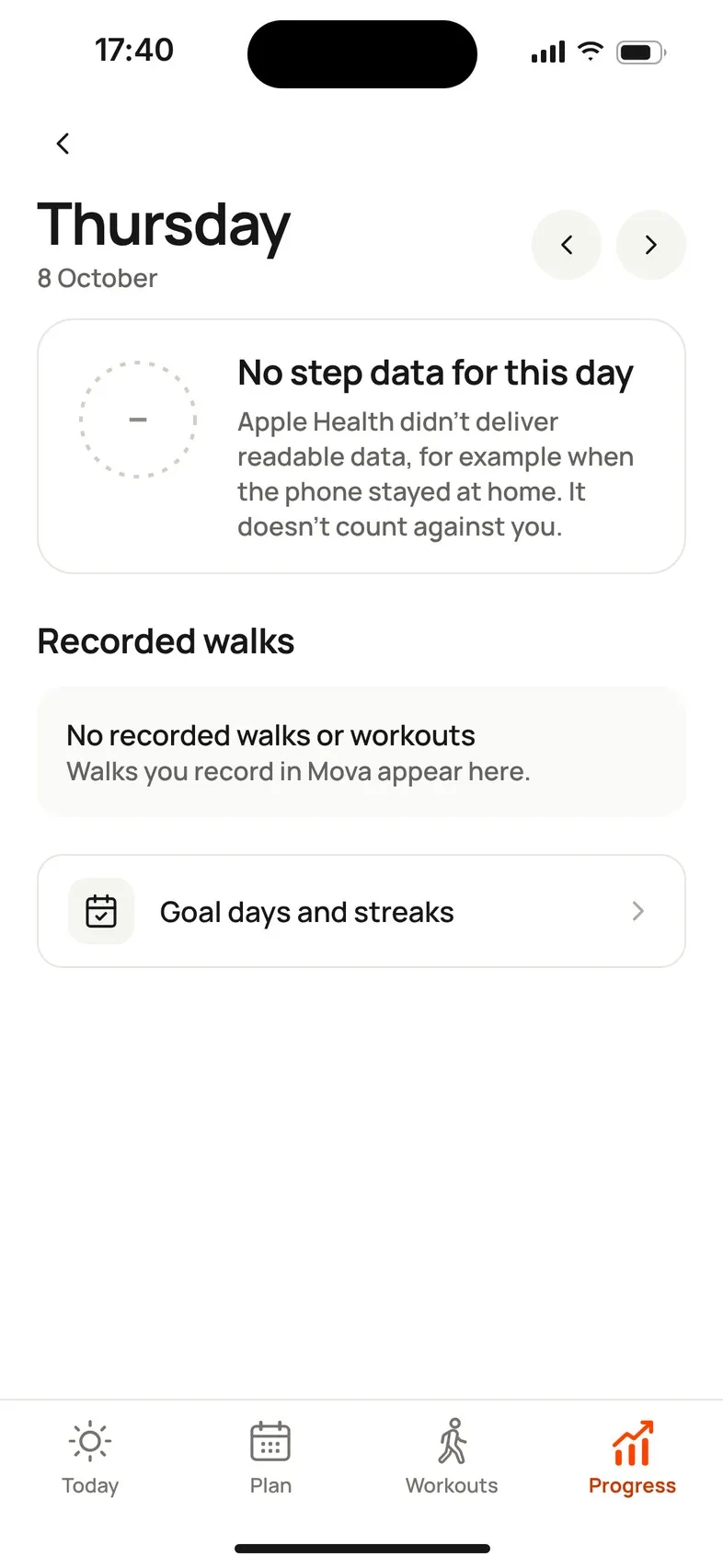 A day in Progress marked No step data for this day, with no recorded walks.