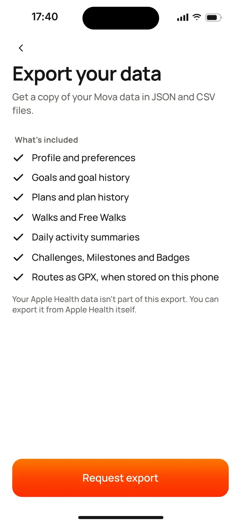 The Export your data screen: What’s included, a note that Apple Health data isn’t part of the export, and the Request export button.