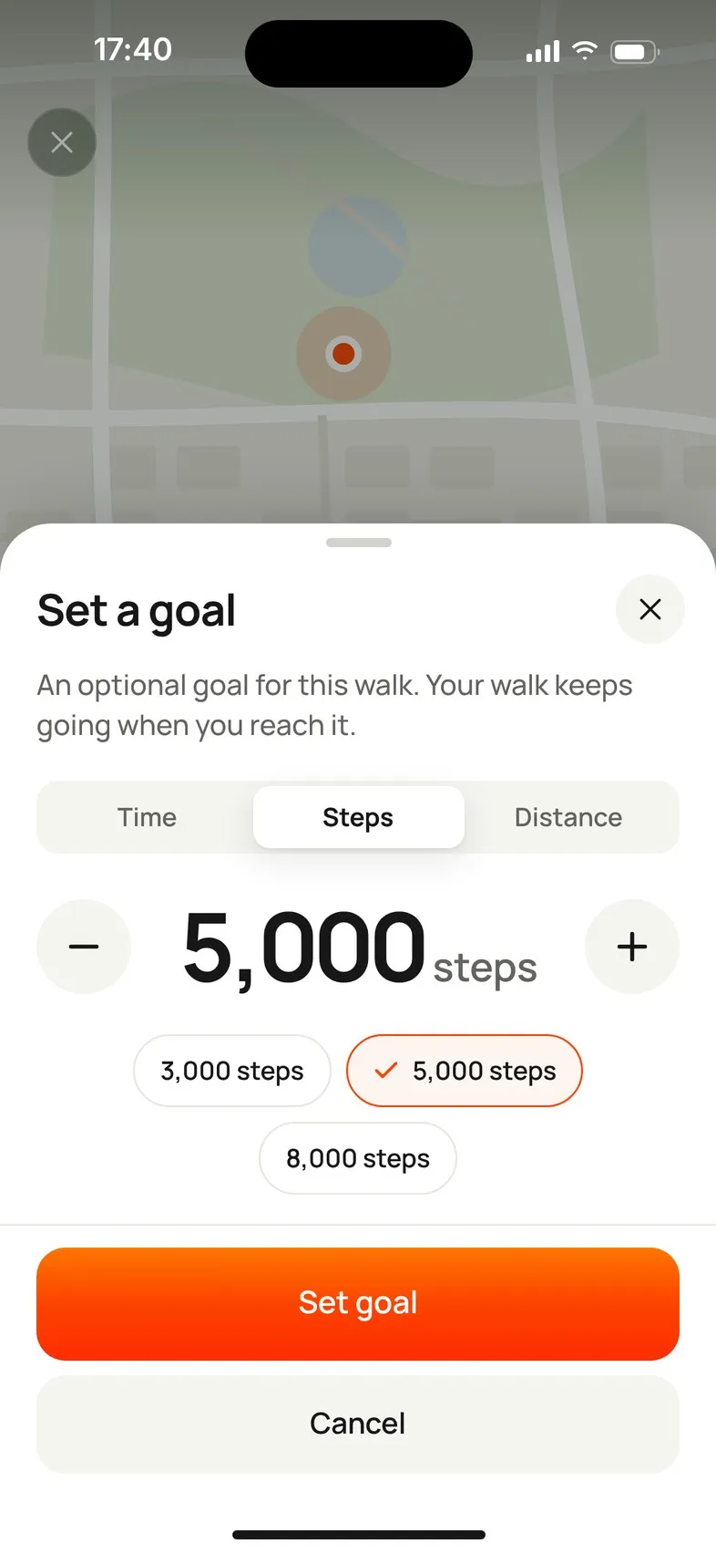 The Set a goal sheet: Time, Steps and Distance, 5,000 steps with quick choices of 3,000, 5,000 and 8,000 steps, Set goal and Cancel.