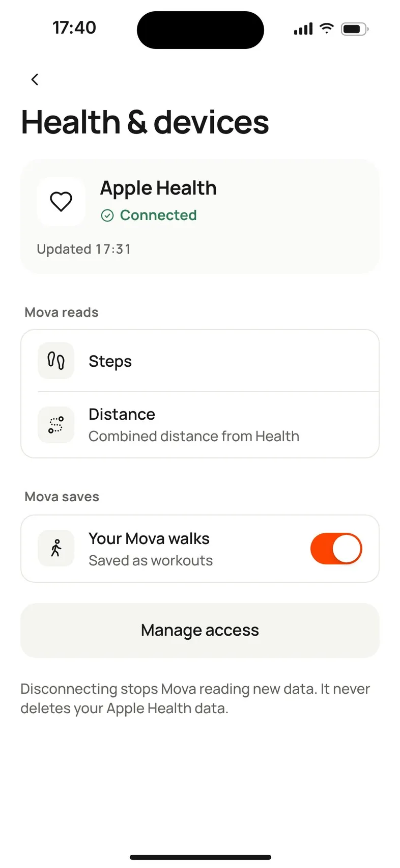Health & devices: Apple Health Connected, updated 17:31, with Steps and Distance under Mova reads, and Manage access.