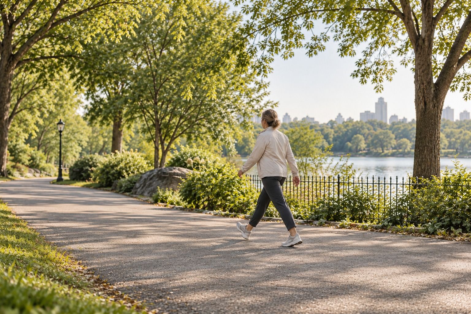 A woman walks briskly along a tree-lined park path on a sunny morning.