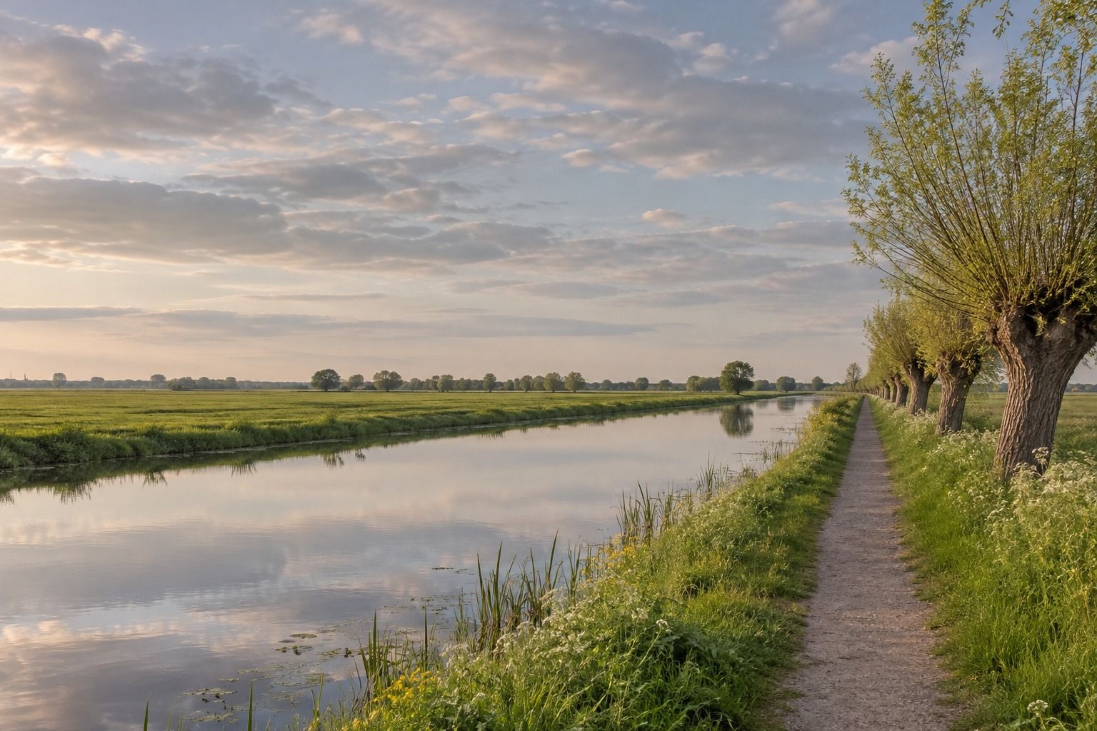 A quiet path along a canal through flat green countryside under a wide evening sky.
