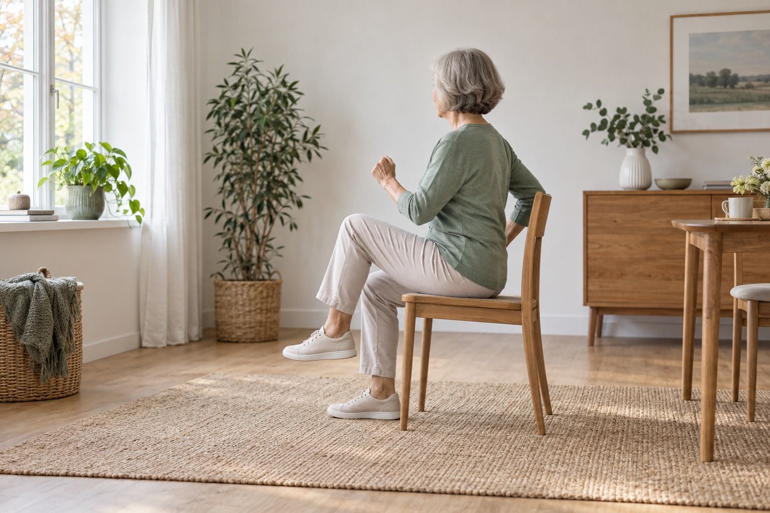 A woman sits on a wooden chair without arms in a bright living room, feet flat, ready to march.