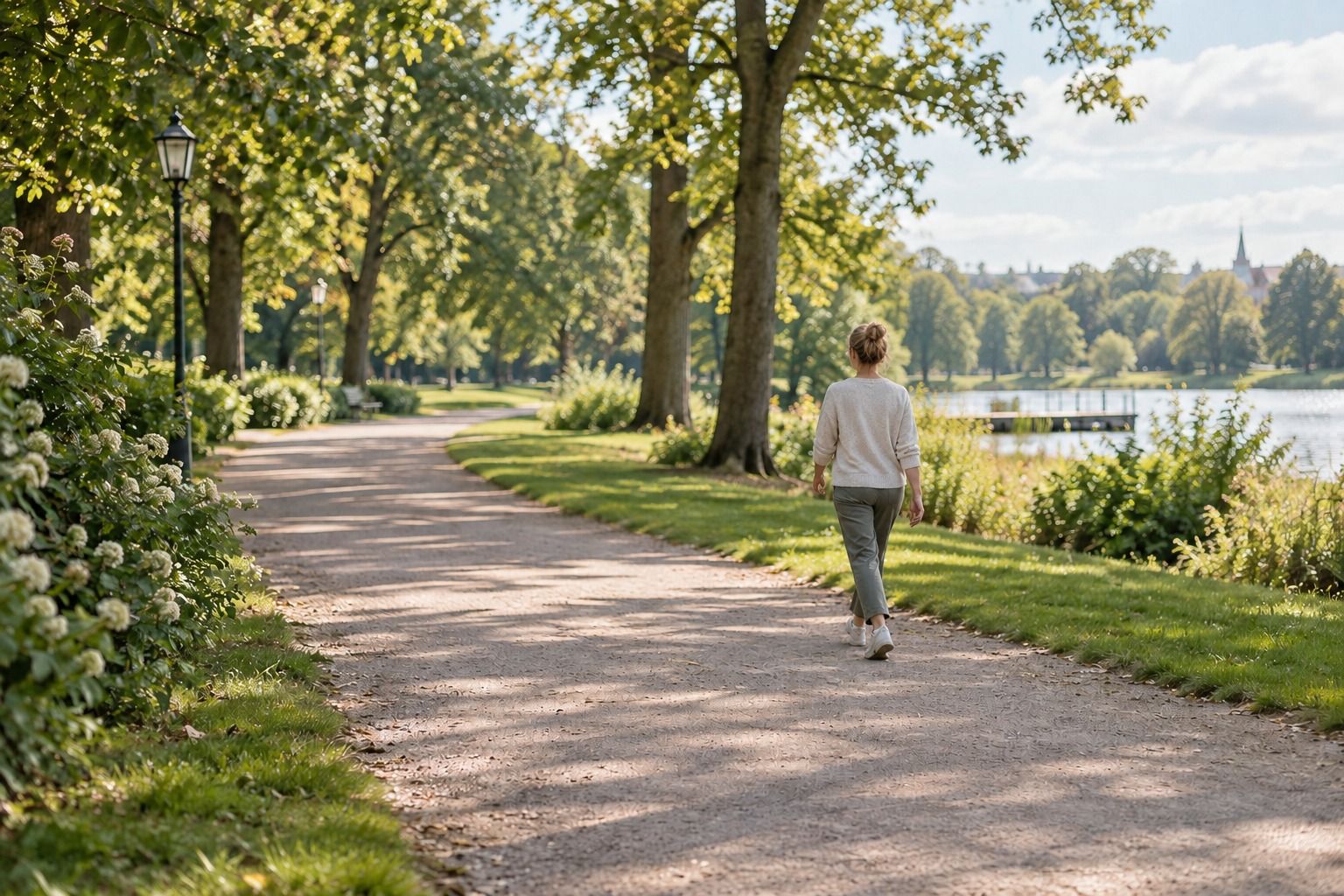 A woman walks along a tree-lined gravel path in a park on a sunny morning.