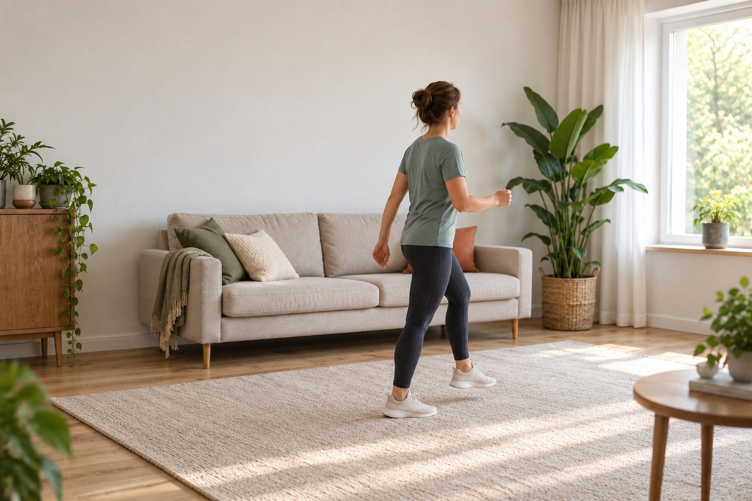 A woman walks on the spot in a bright living room, arms swinging, beside a sofa and a rug.