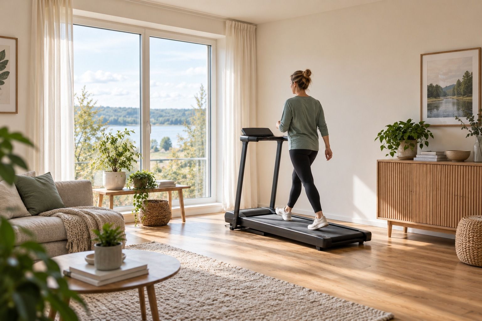 A woman walks on a compact treadmill by a window in a bright living room, looking ahead.