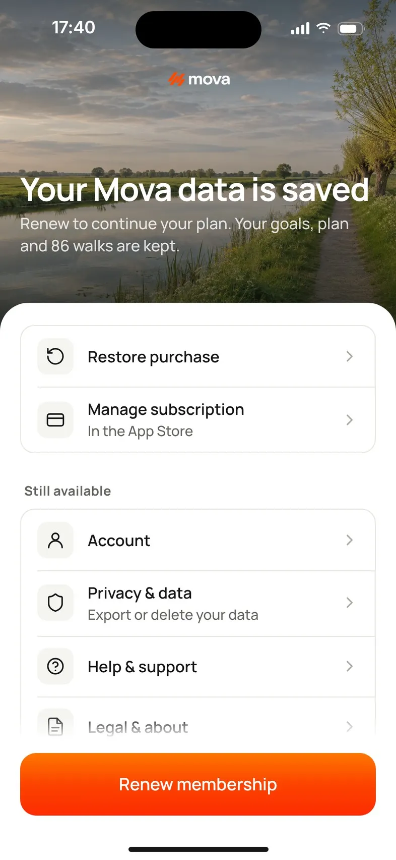 The Membership ended screen: “Your Mova data is saved”, with Restore purchase, Manage subscription, the Still available list and the Renew membership button.