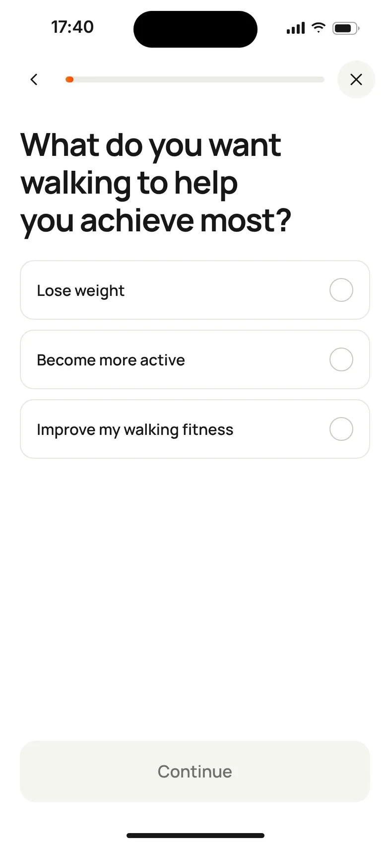 A question screen: “What do you want walking to help you achieve most?” with three answers and a Continue button.