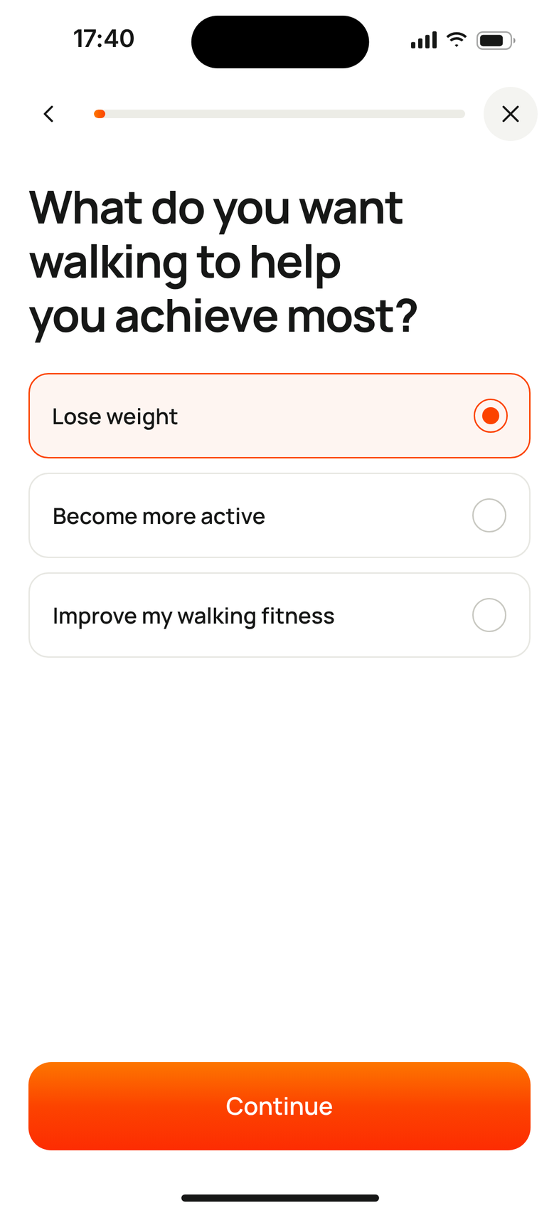 Mova onboarding question: What do you want walking to help you achieve most? Lose weight is selected; other options are Become more active and Improve my walking fitness.