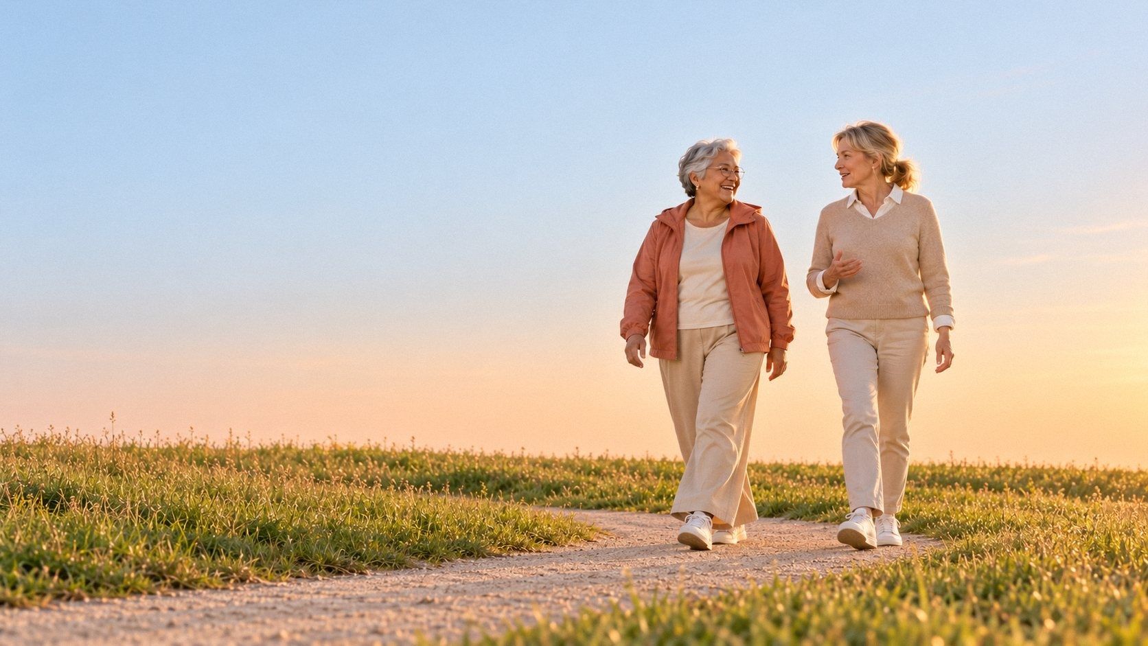 Two friends walk along a grassy dyke path in warm evening light.