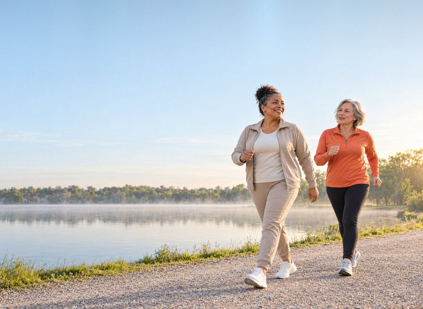 Two friends in sportswear walk along a misty lakeside path in the morning, mid-conversation.