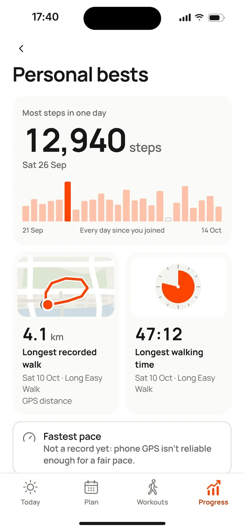 Personal bests: most steps in one day, longest recorded walk and longest walking time, and a note that fastest pace isn’t a record.