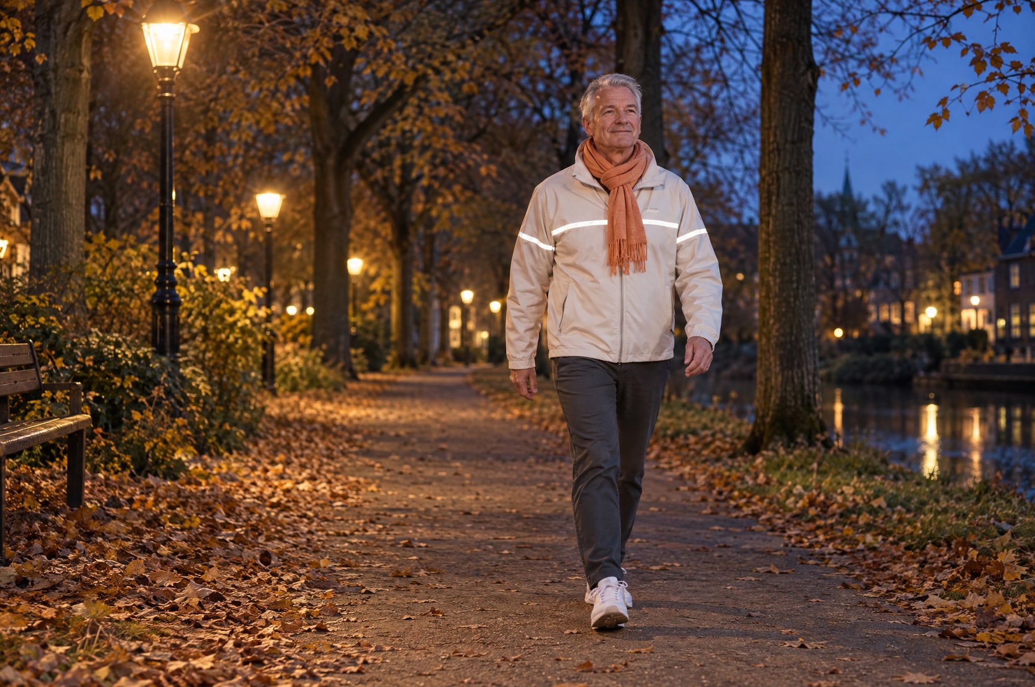 A man in a light jacket with reflective strips walks along a lamp-lit park path at dusk in autumn.