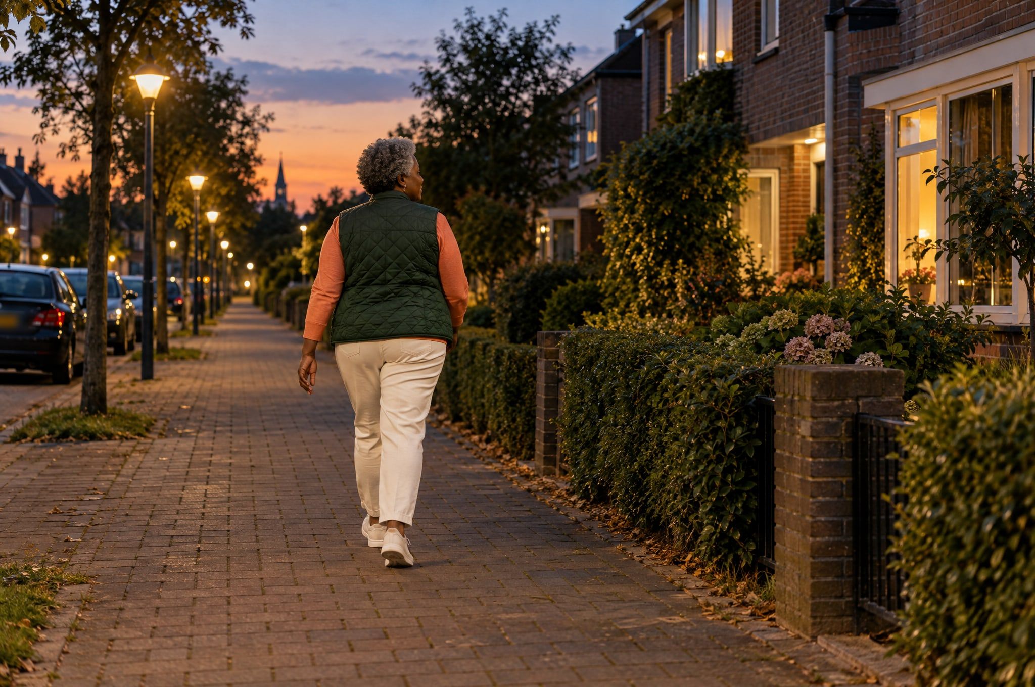 A woman in a green gilet walks along a brick pavement on a quiet residential street at dusk, under lit street lamps.