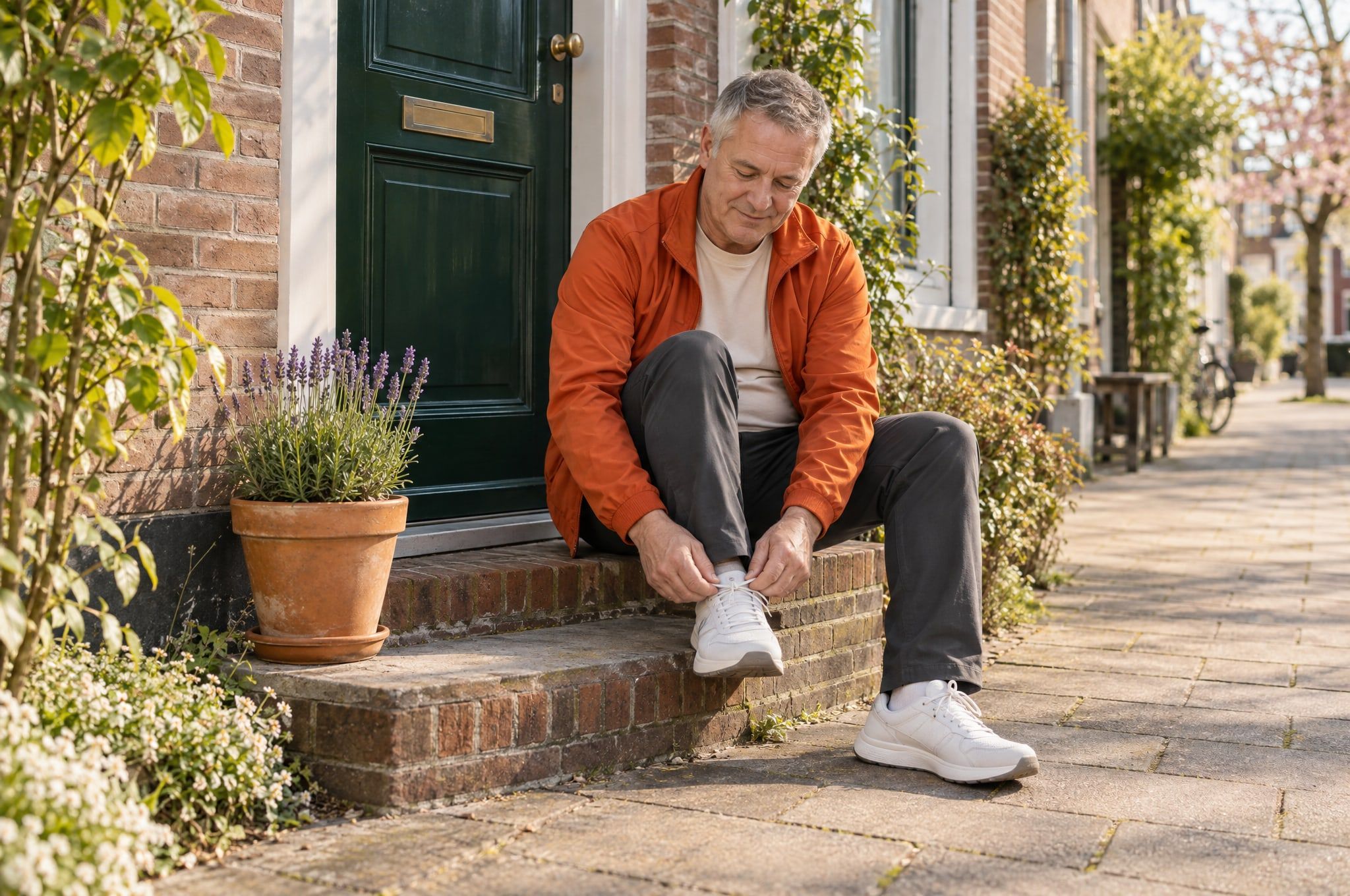 A man in an orange jacket sits on his front doorstep tying the laces of his white trainers before a walk.