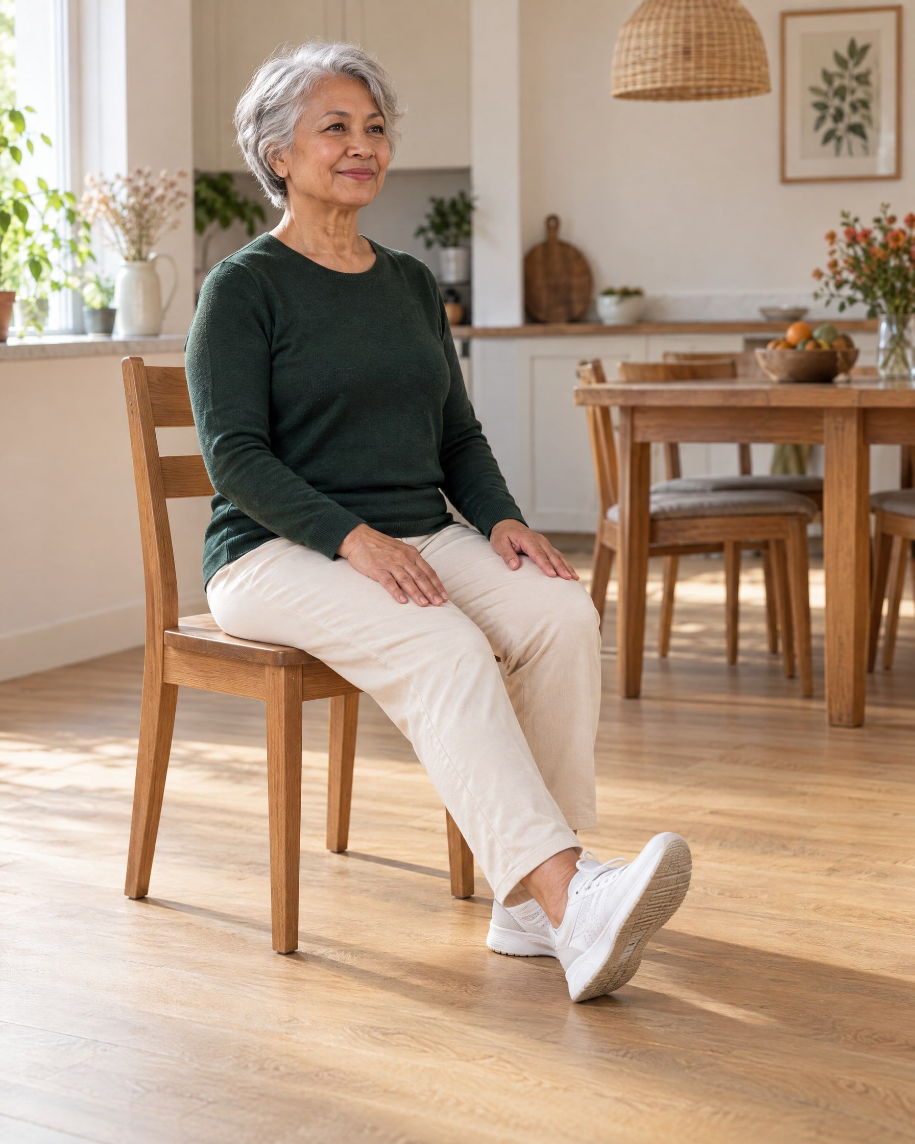 A woman with silver hair sits tall on a wooden kitchen chair, one leg stretched forward with the heel on the floor and the toes lifted.