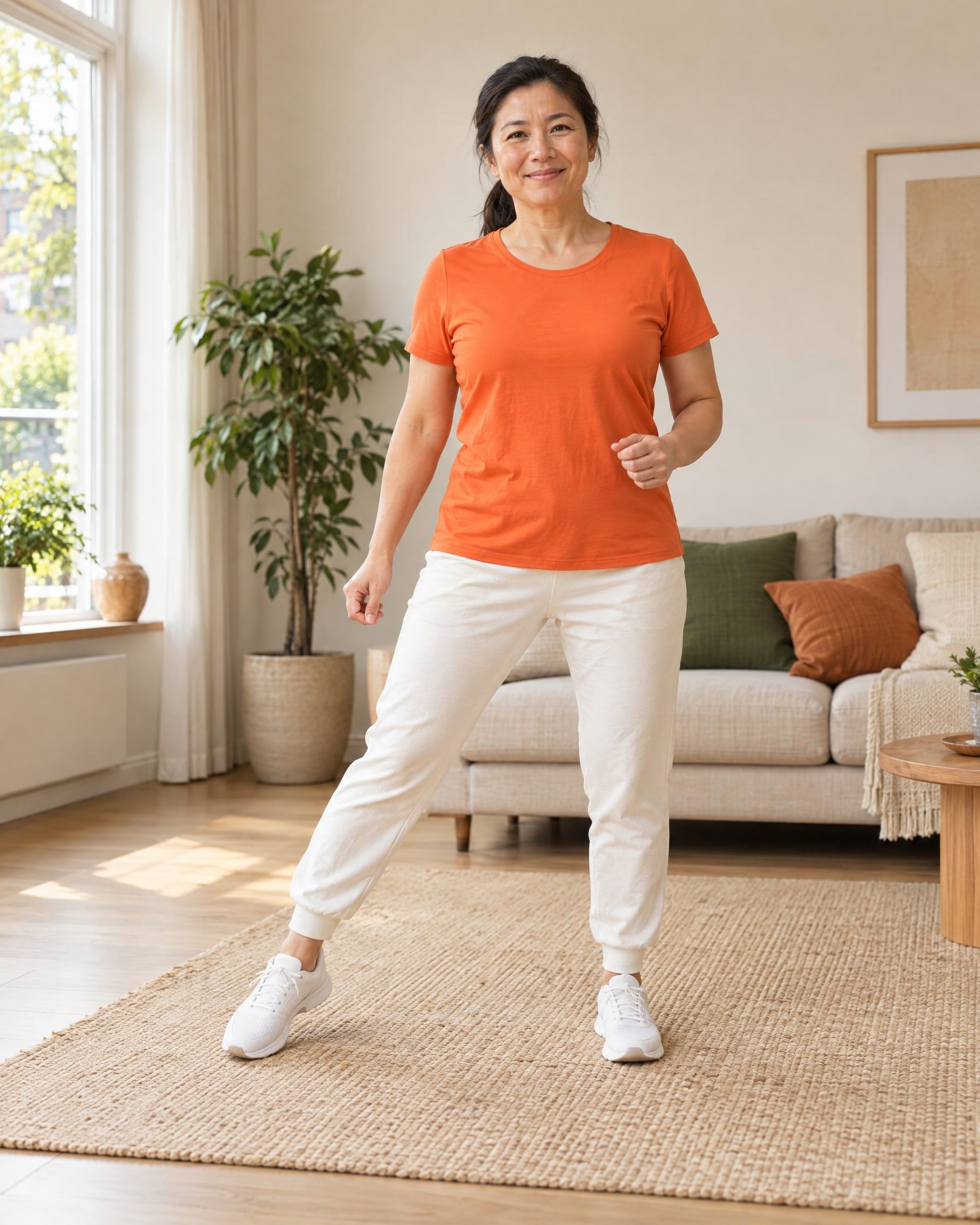 A woman in an orange T-shirt does a step touch on a living-room rug, one foot stepped out wide to the side, knees soft.