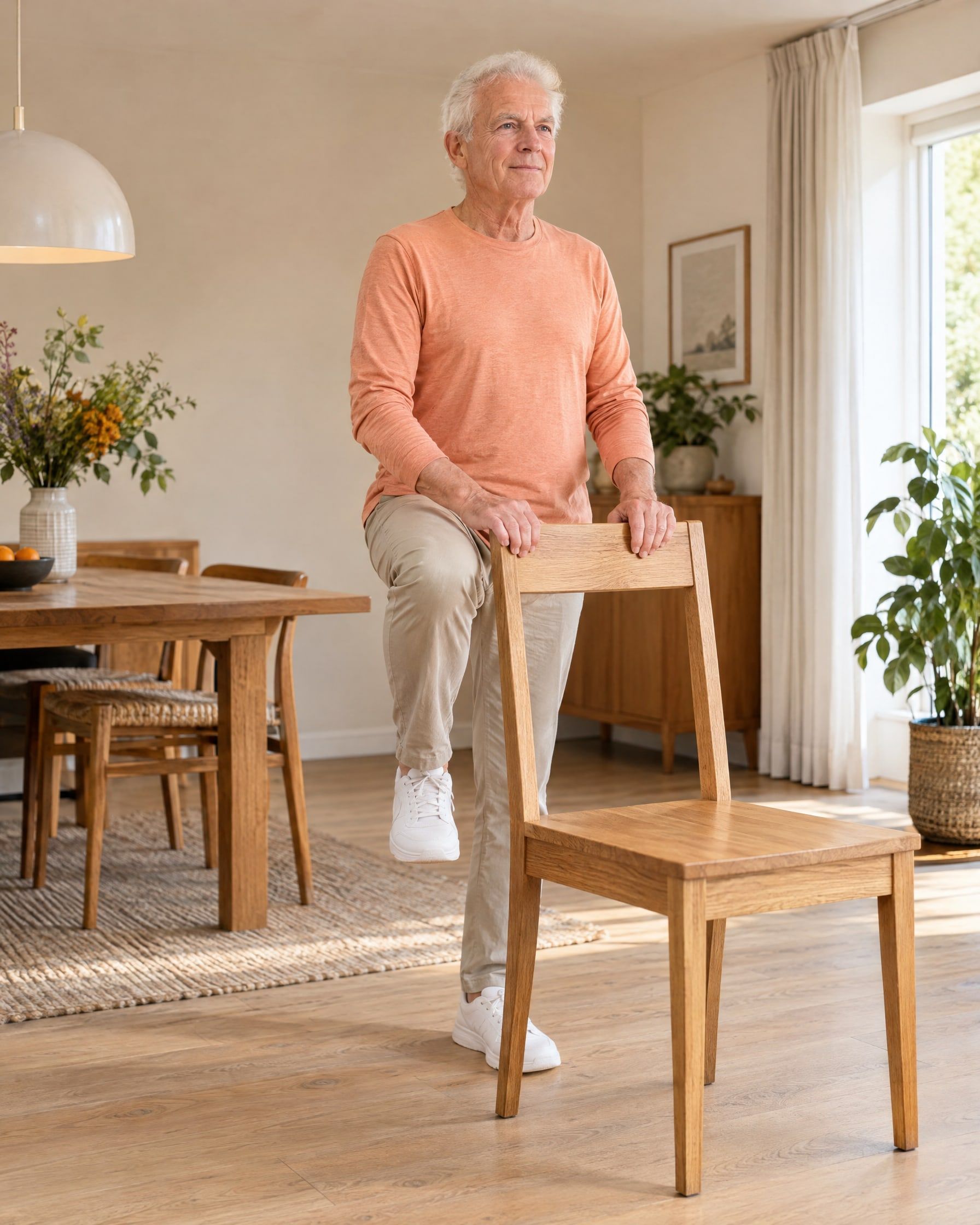 An older man stands behind a wooden dining chair, holding its top rail lightly with both hands, and lifts one knee in a march.