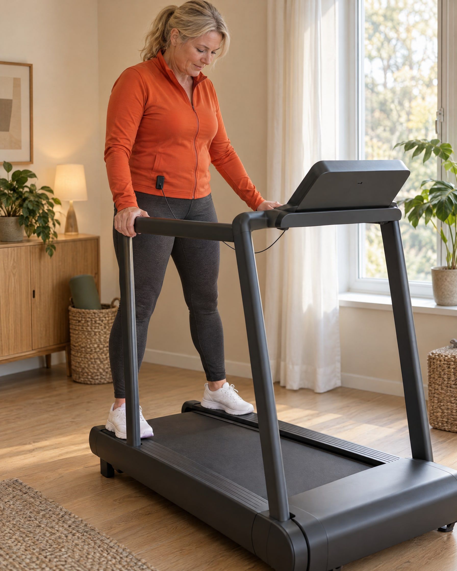 A woman stands with her feet on the side rails of a home treadmill, holding the handrail, with the safety key clipped to her waistband, before starting the belt.