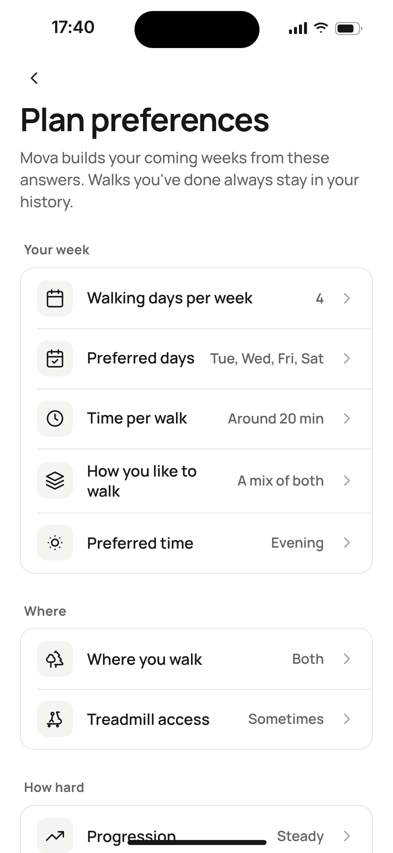 Plan preferences in Mova: walking days per week, preferred days, time per walk, how you like to walk, preferred time, where you walk, treadmill access and progression.