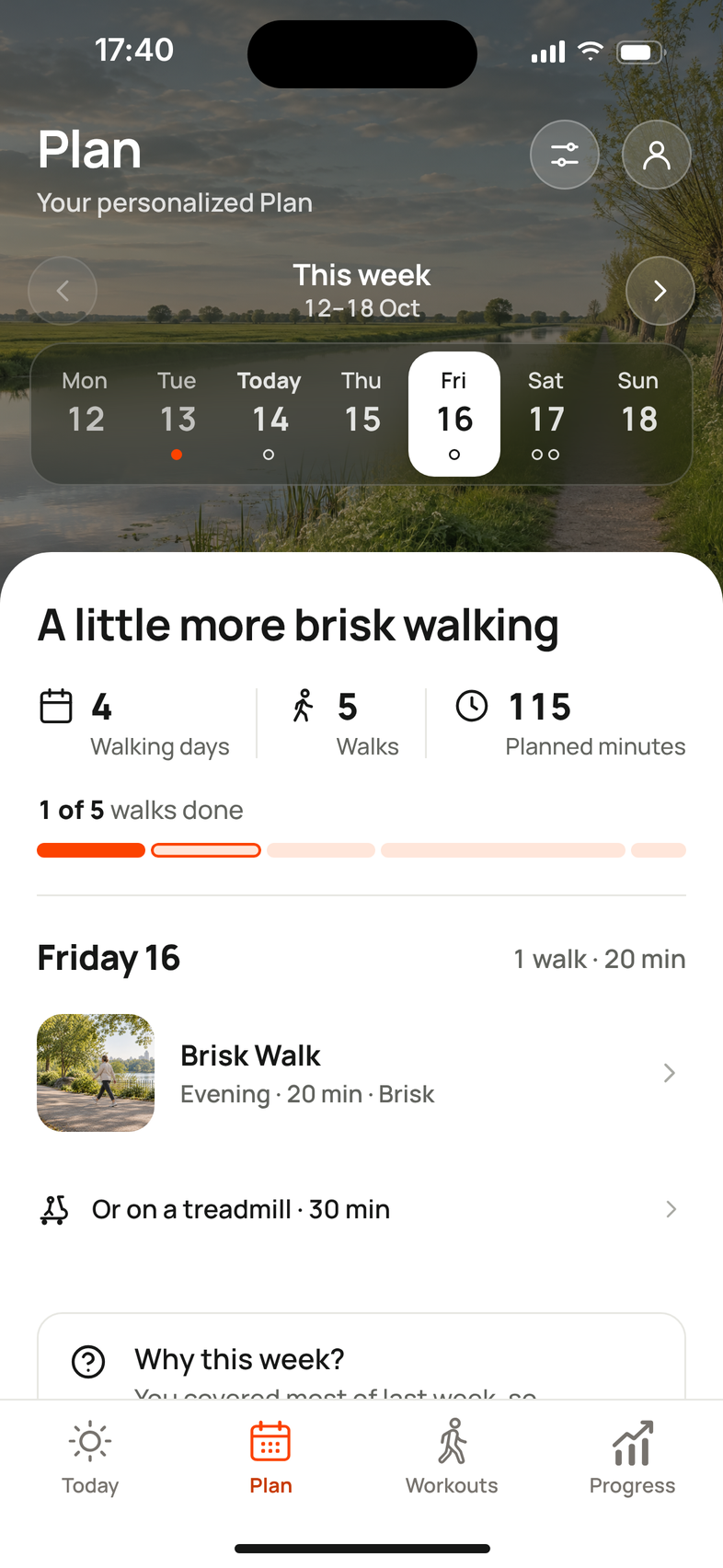 This week’s plan in Mova: 4 walking days, 5 walks and 115 planned minutes, with Friday’s 20-minute brisk walk and a 30-minute treadmill alternative.