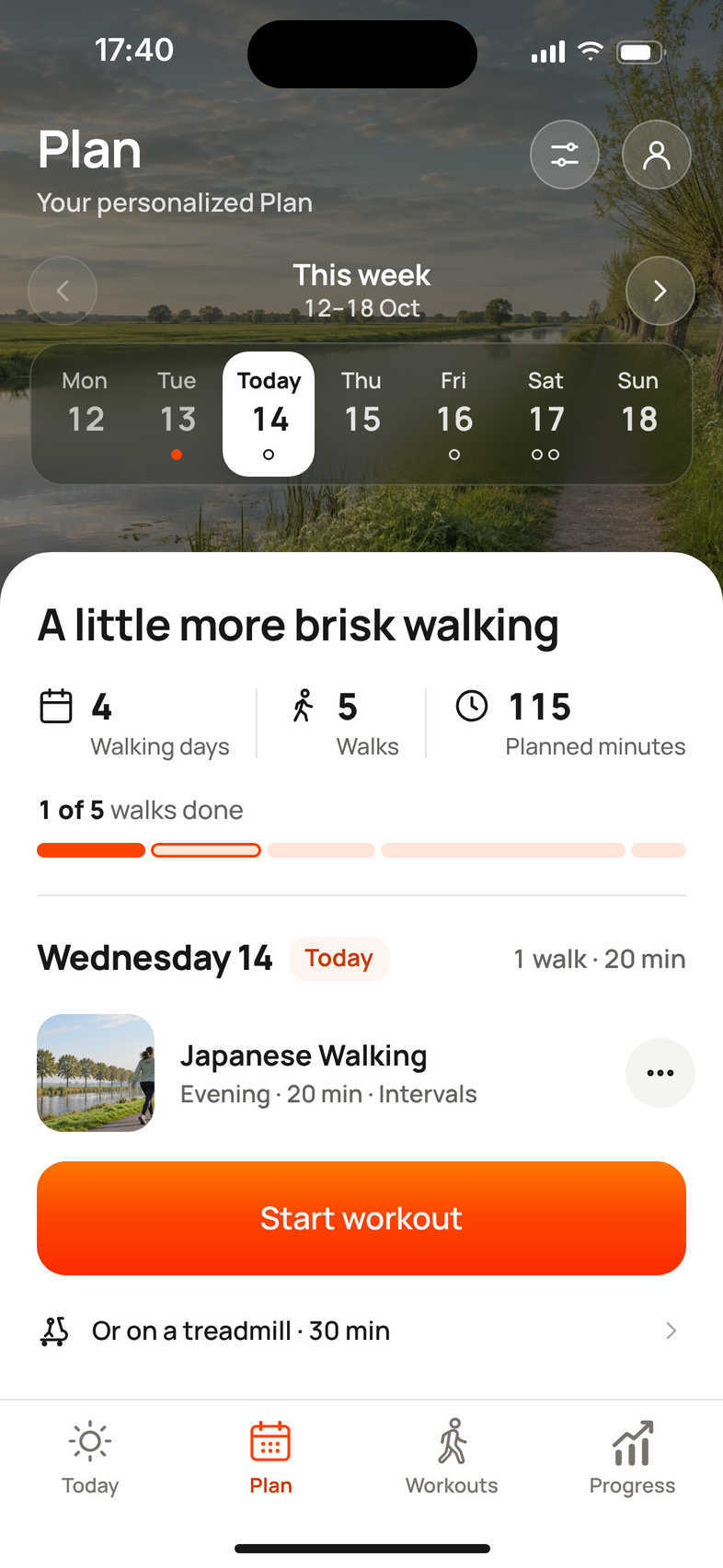 Mova Plan screen: this week, 12 to 18 October, with a little more brisk walking: 4 walking days, 5 walks, 115 planned minutes, and today’s Japanese Walking session.
