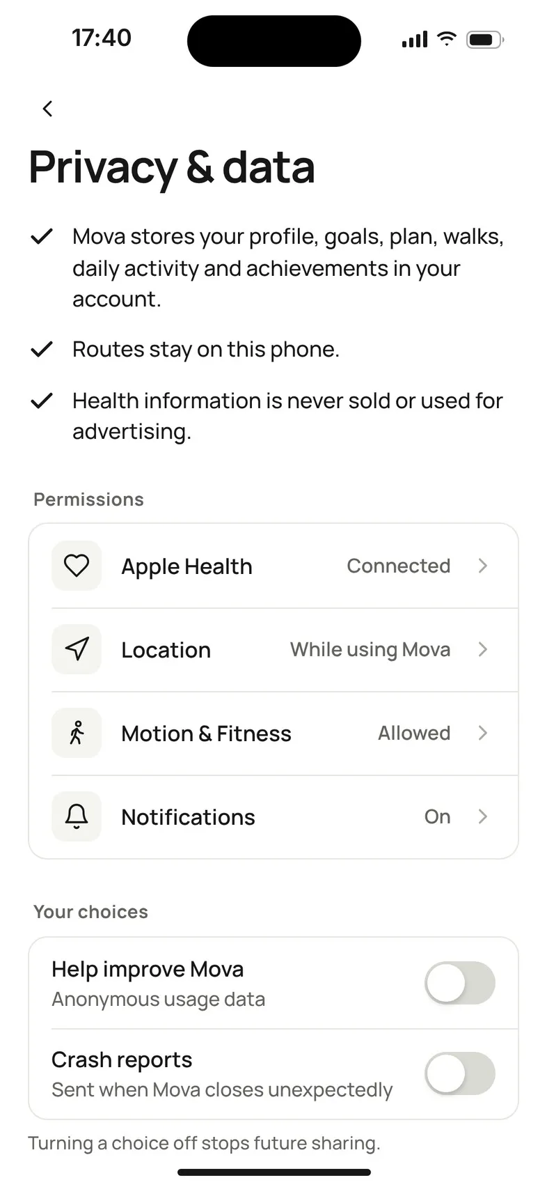Privacy & data: what Mova stores, the Permissions list with Apple Health, Location, Motion & Fitness and Notifications, and Your choices with Help improve Mova and Crash reports both off.