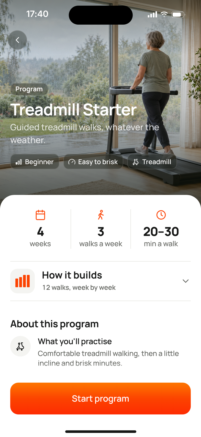 Treadmill Starter, a Program in Mova: beginner, easy to brisk, 4 weeks, 3 walks a week, 20 to 30 minutes a walk.