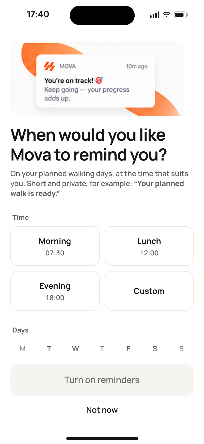 Reminder setup in Mova: choose a morning, lunch, evening or custom time and the days you want to be reminded, for example “Your planned walk is ready.”