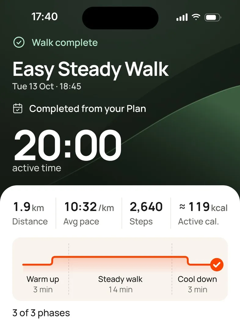 The walk summary: Walk complete, Easy Steady Walk, Completed from your Plan, 20:00 active time, distance, pace, steps and calories, and the phases.