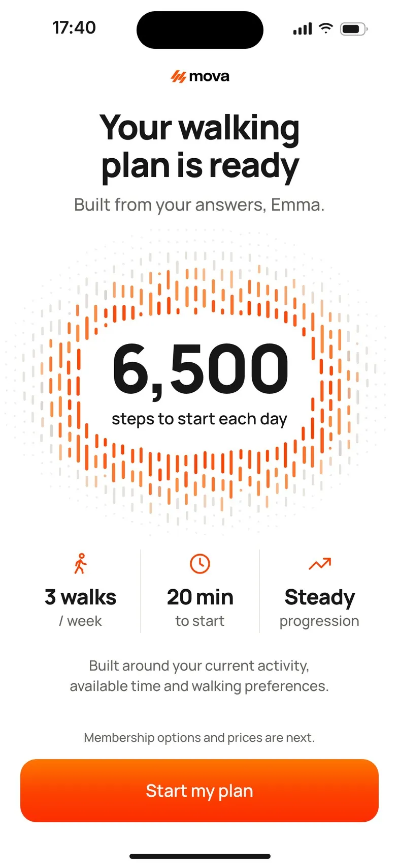 The reveal screen: “Your walking plan is ready”, with a 6,500-step daily goal, 3 walks a week, 20 minutes to start and steady progression.