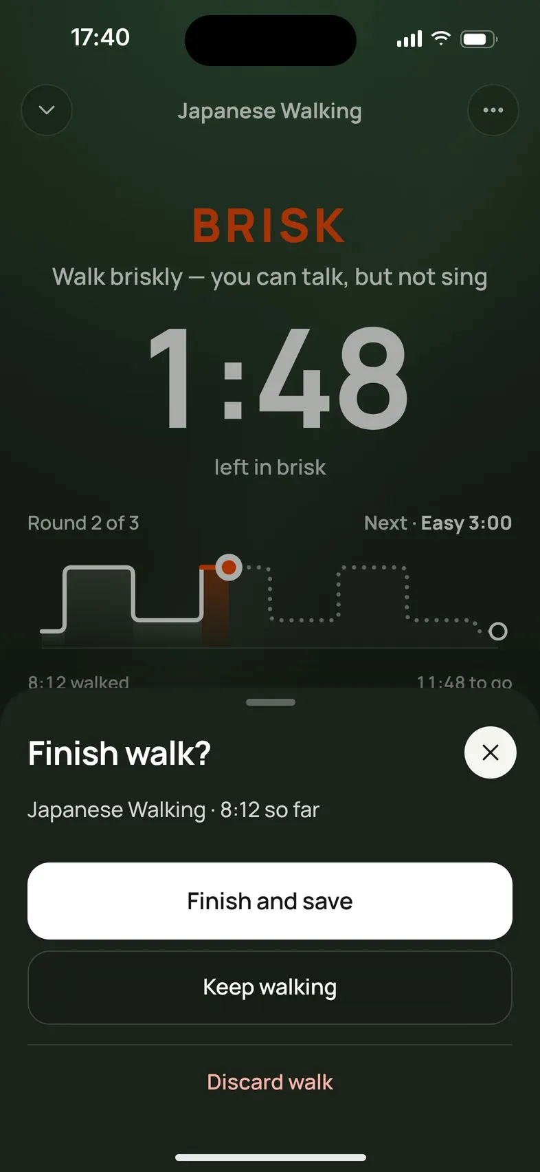 The Finish walk? sheet with Finish and save, Keep walking and Discard walk.