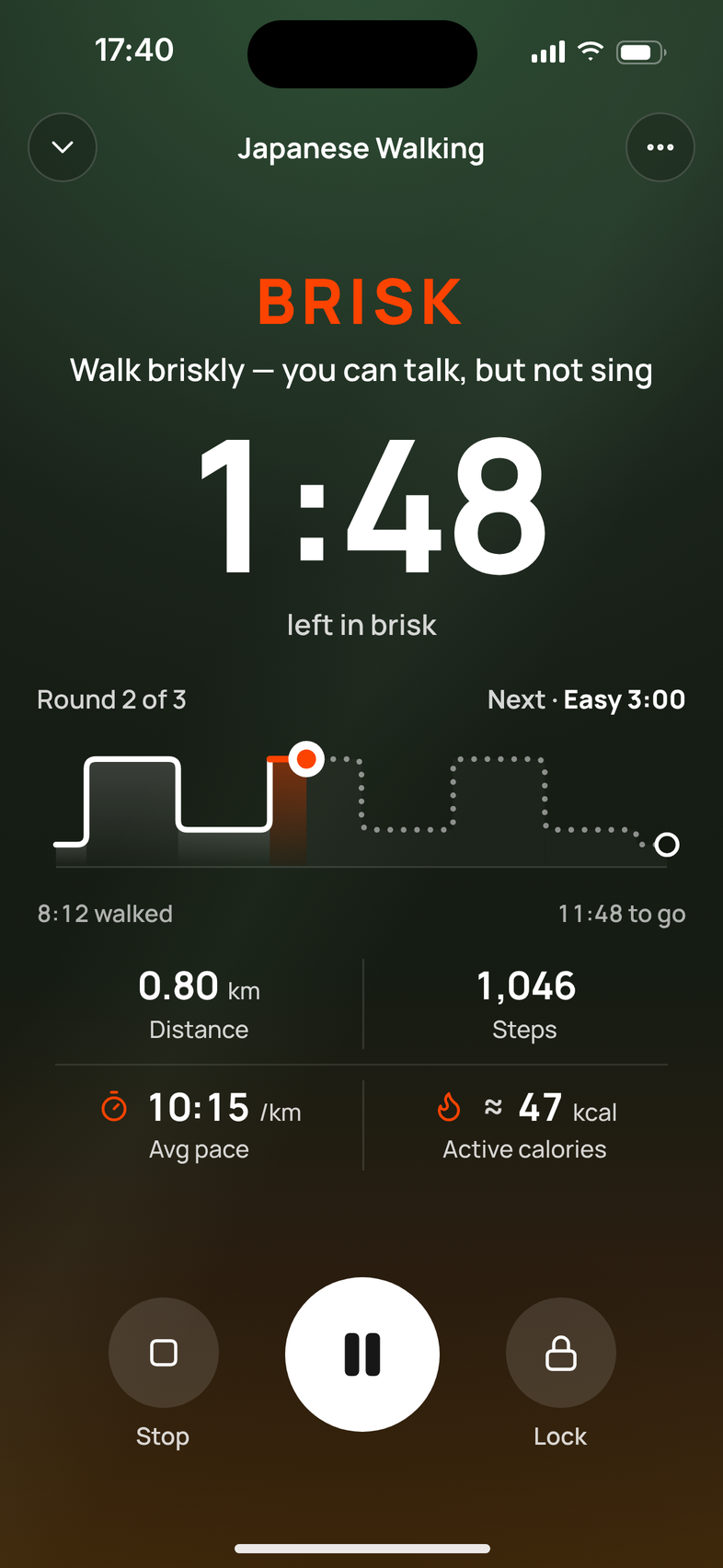 Japanese Walking in progress: BRISK, walk briskly, you can talk but not sing; 1:48 left in brisk; round 2 of 3; next Easy 3:00.