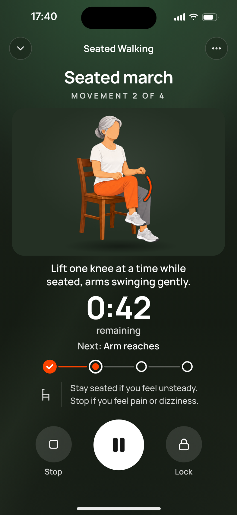 A screen-led session in Mova: an illustrated figure shows the seated march, movement 2 of 4, with 0:42 remaining and what comes next.