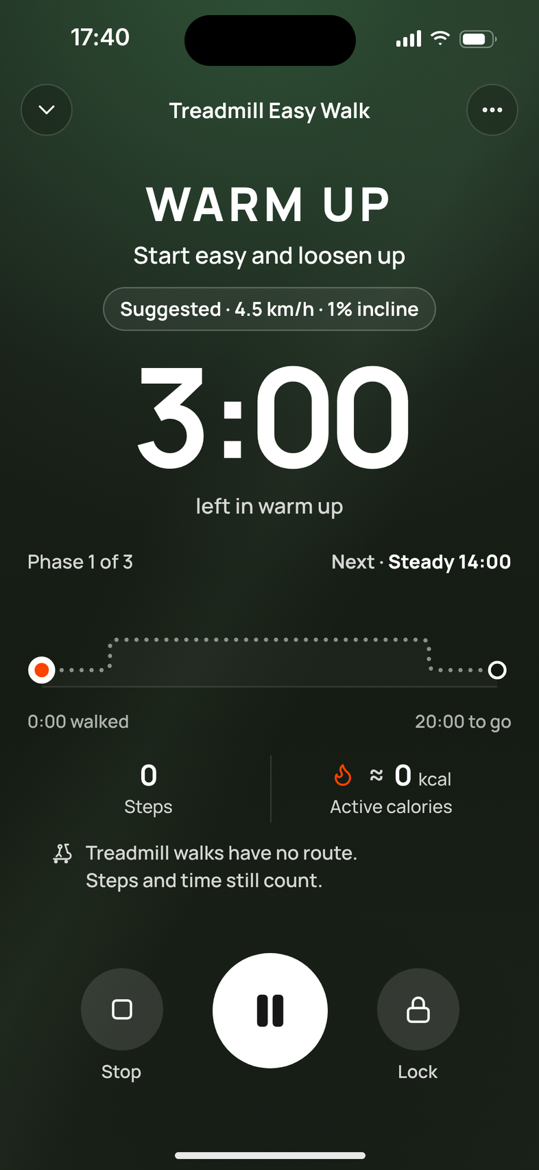 A treadmill walk in Mova: warm up with 3:00 left, suggested 4.5 km/h at 1% incline, steady for 14 minutes next.