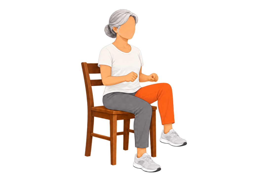 The seated woman lowers that leg and lifts her left knee, highlighted in orange.