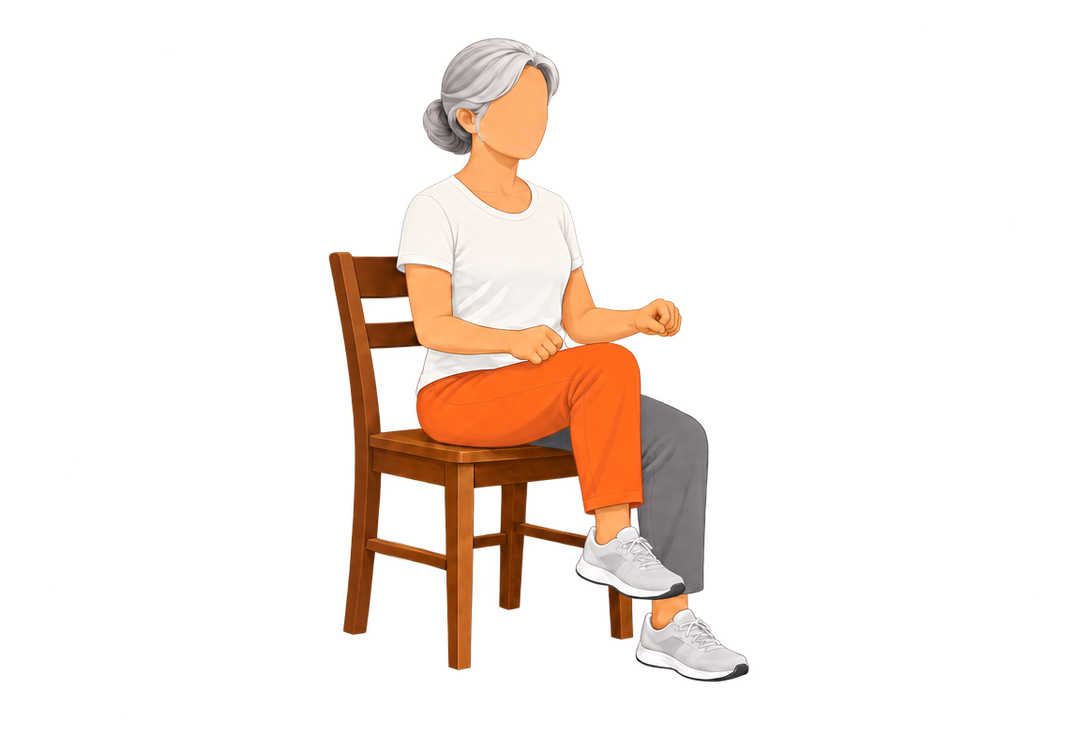 The same seated woman lifts her right knee a few centimetres, the moving leg highlighted in orange.