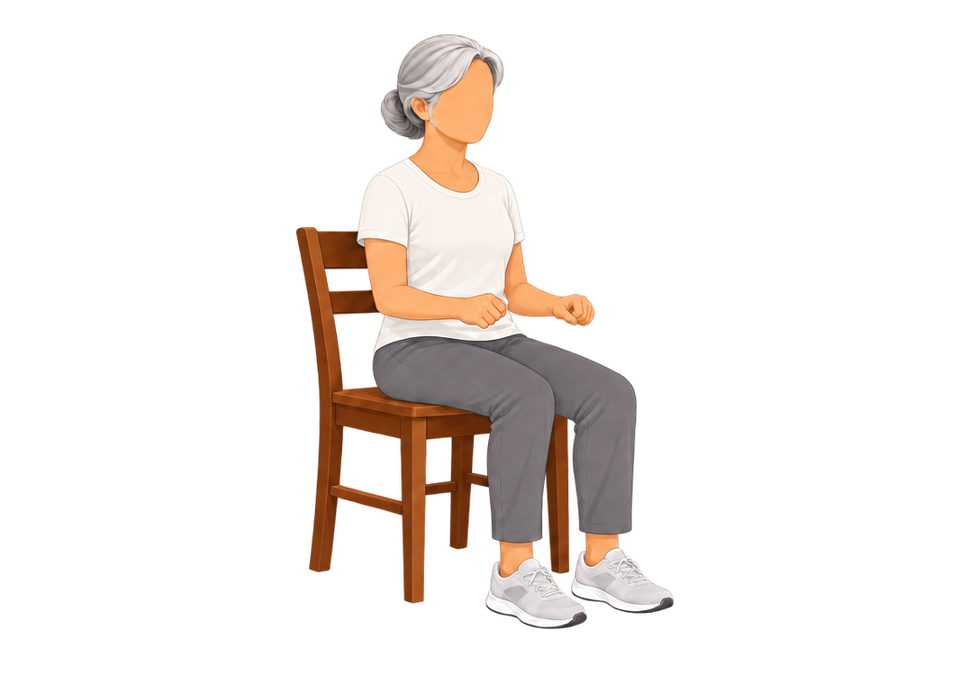 An illustrated woman sits tall near the front of a wooden chair, feet flat, hands loosely in front of her.