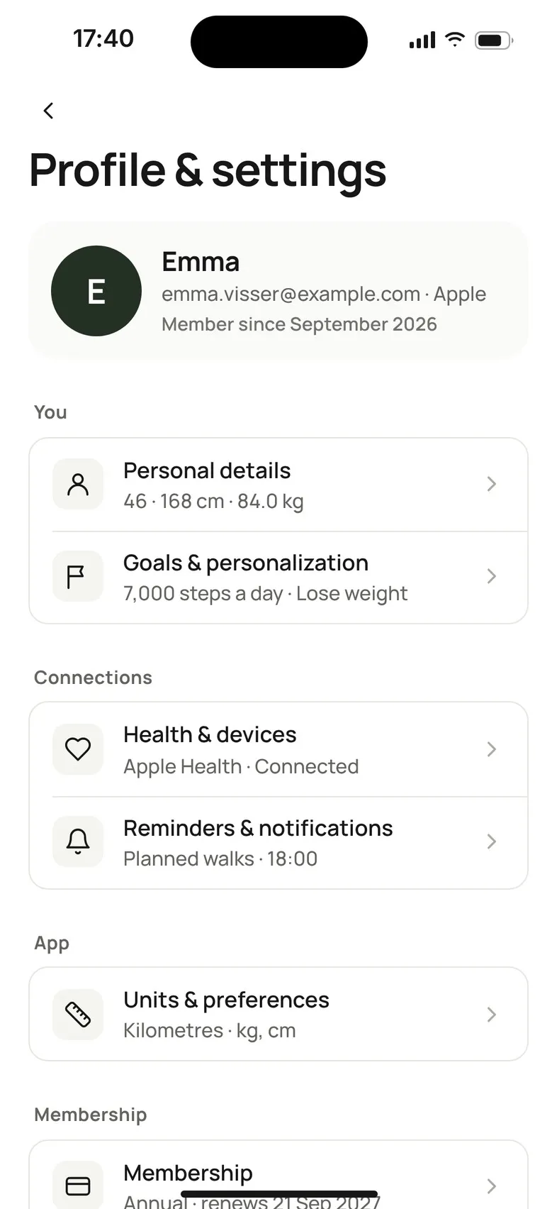 Profile & settings: your name and email, then the You, Connections, App and Membership groups.