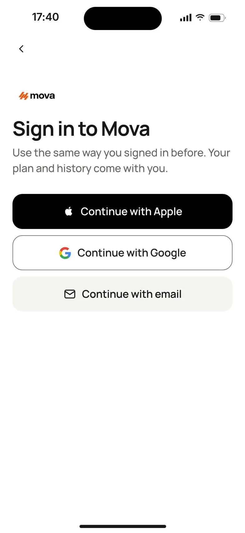 The Sign in to Mova screen with Continue with Apple, Continue with Google and Continue with email.