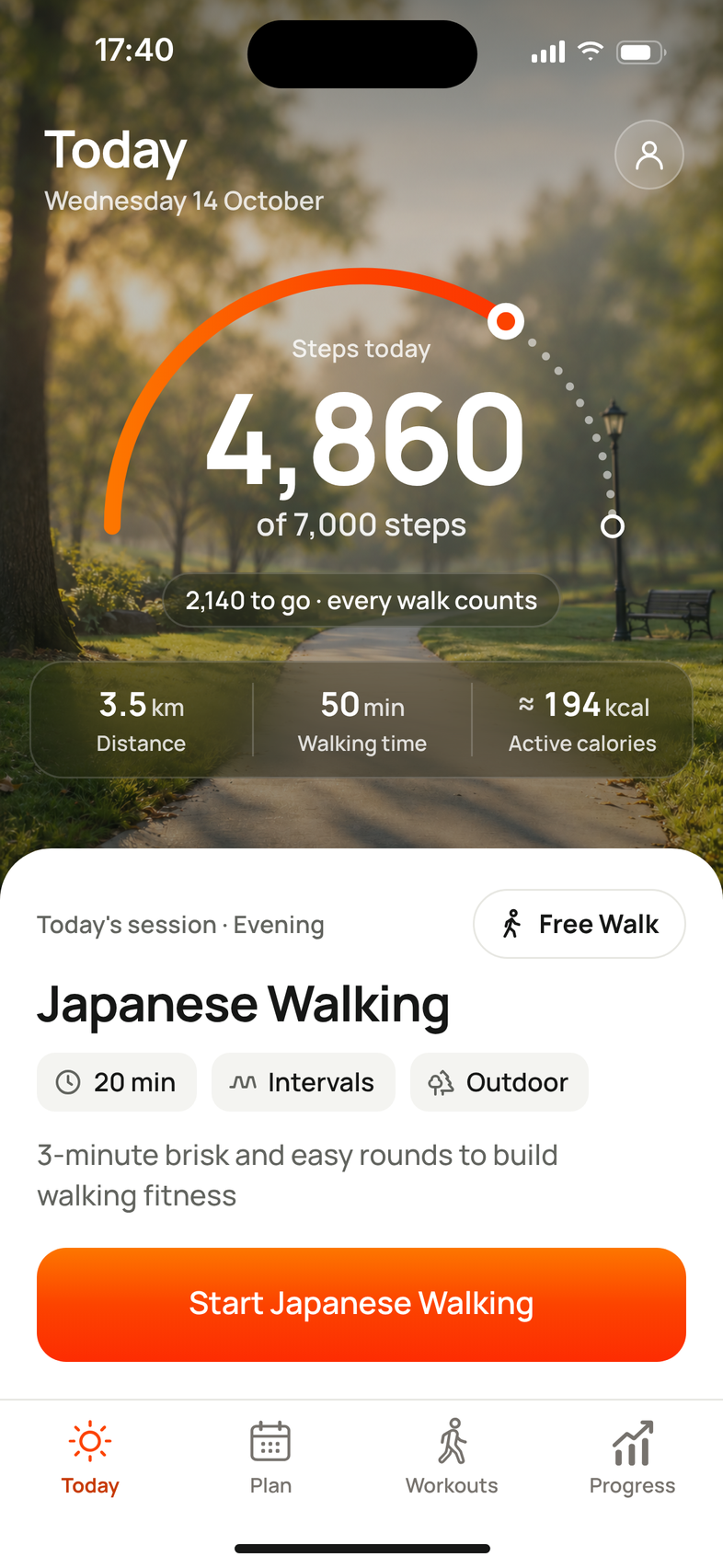 Mova Today screen: 4,860 steps today of a 7,000-step goal, 2,140 to go; 3.5 km, 50 minutes walking, about 194 kcal; today’s Japanese Walking session.