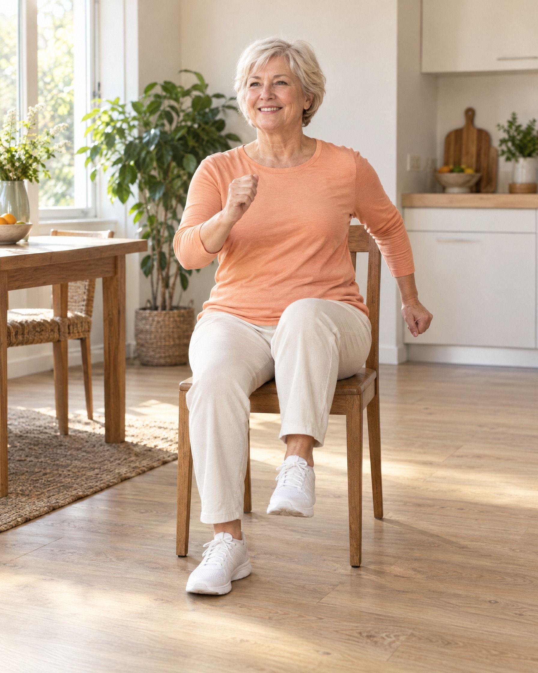 A woman sits tall on a wooden kitchen chair and lifts one knee in a seated march, her opposite arm swinging.