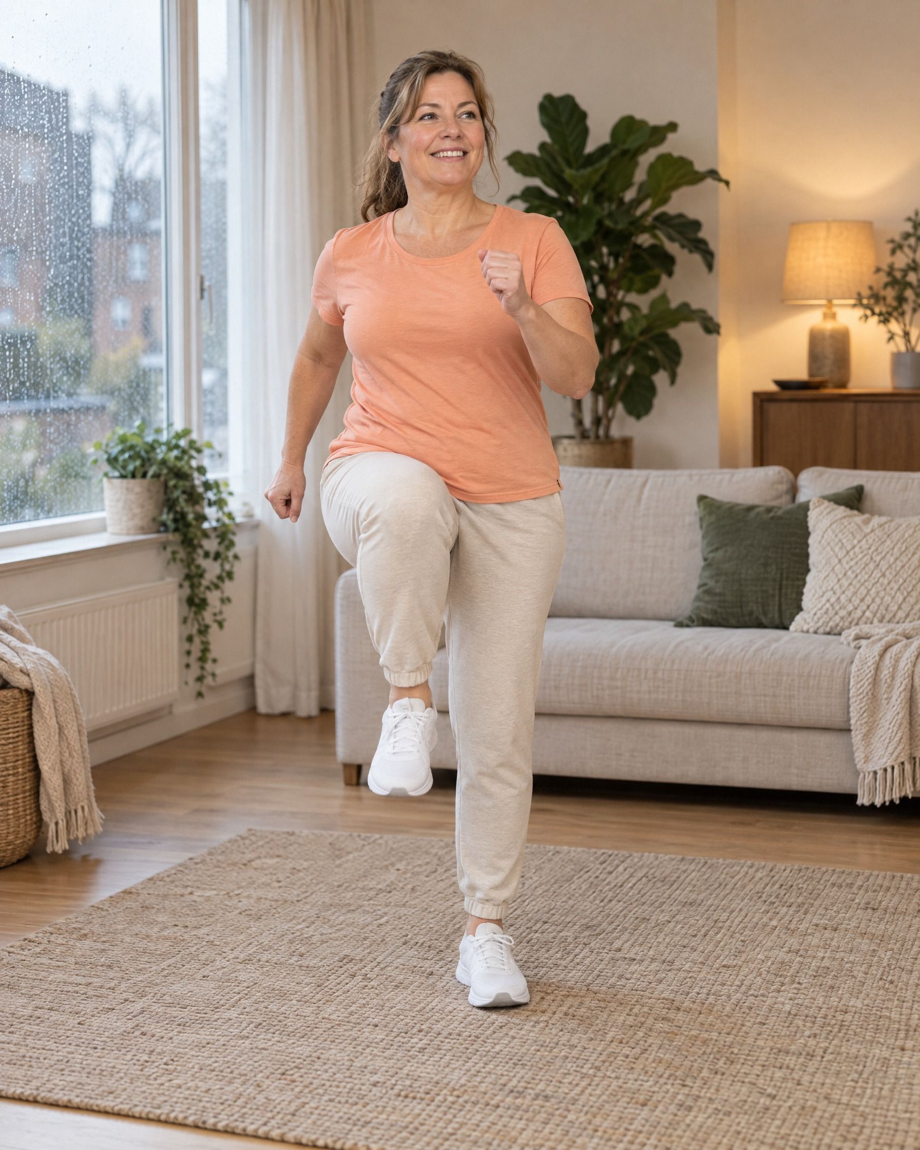 A woman marches on the spot on a rug in her living room, one knee lifted and her arms swinging.