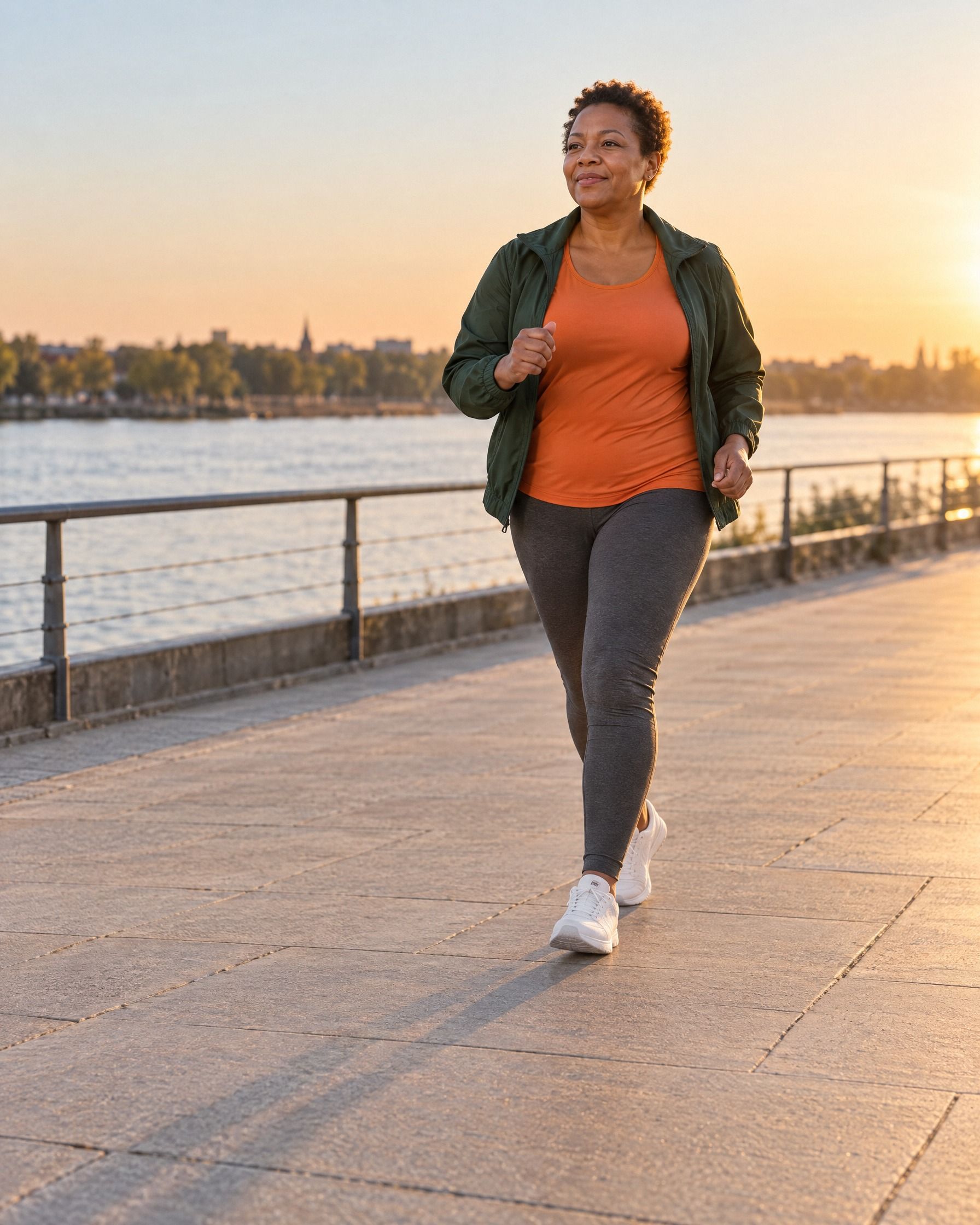 A woman in a forest-green jacket walks briskly along a riverside promenade at sunset.