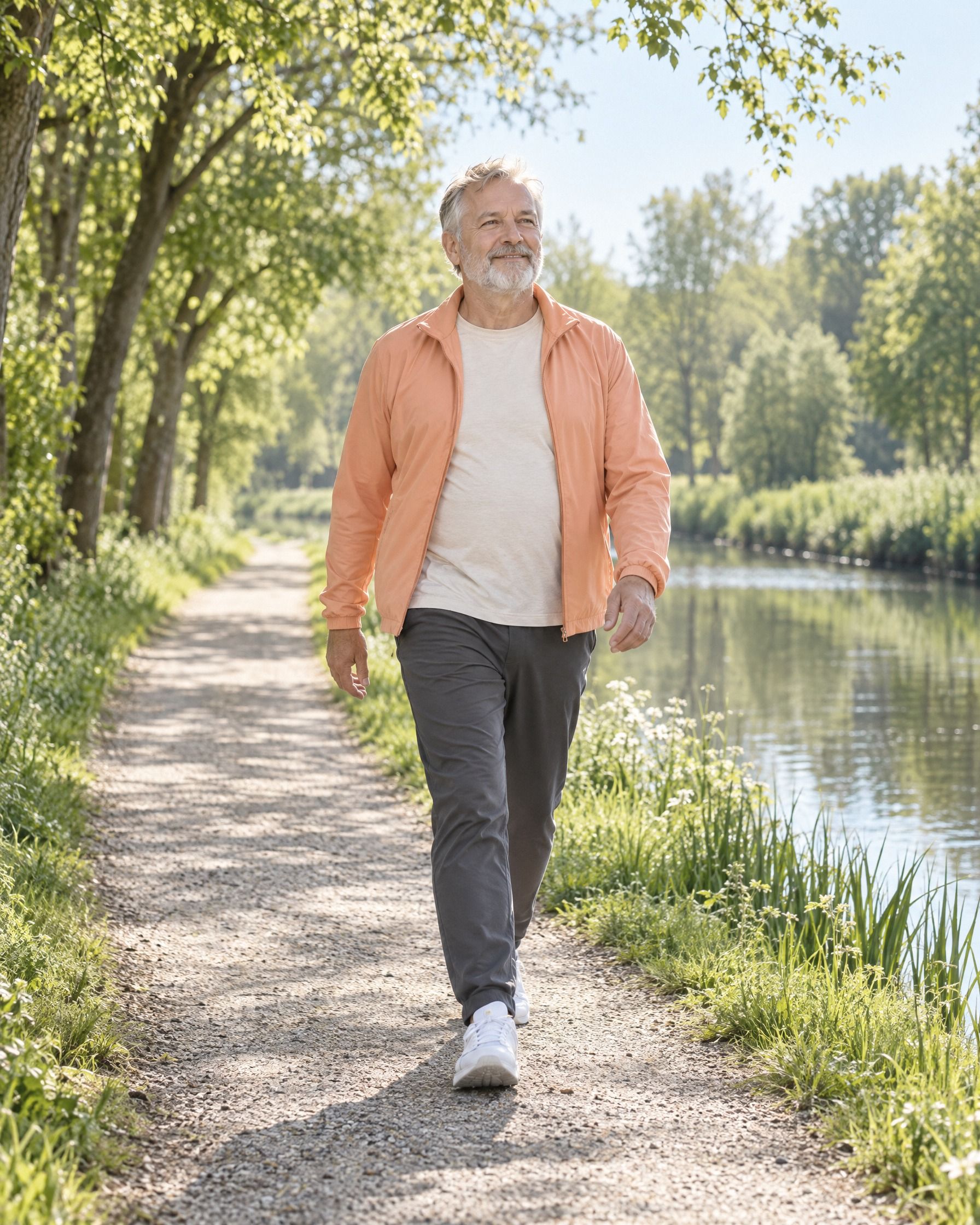 A man in an apricot jacket walks along a tree-lined canal path on a sunny morning.