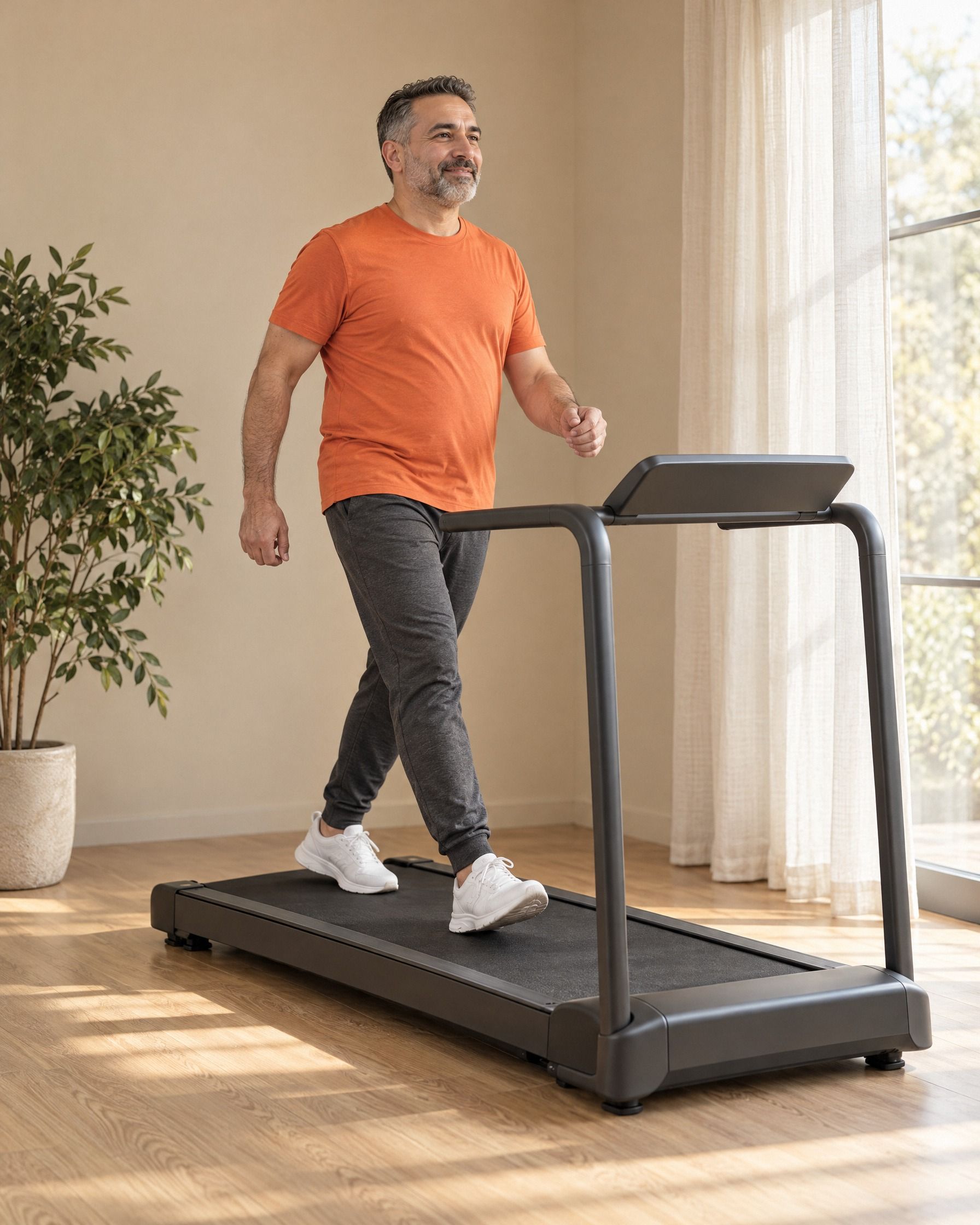A man in an orange T-shirt walks on a compact home treadmill beside a bright window.