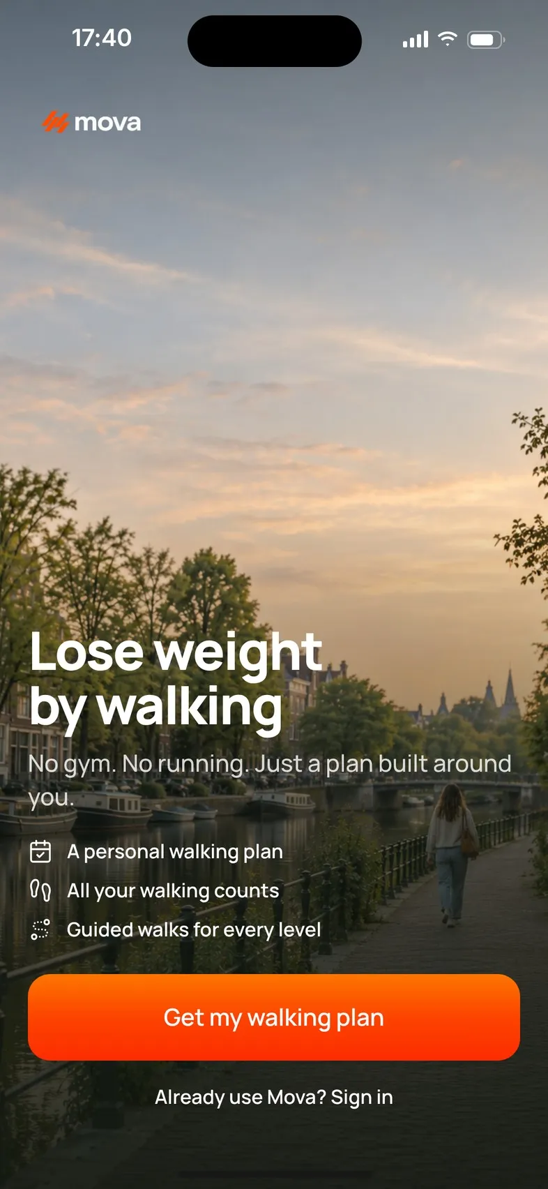 The Welcome screen: “Lose weight by walking”, with the Get my walking plan button and Already use Mova? Sign in.